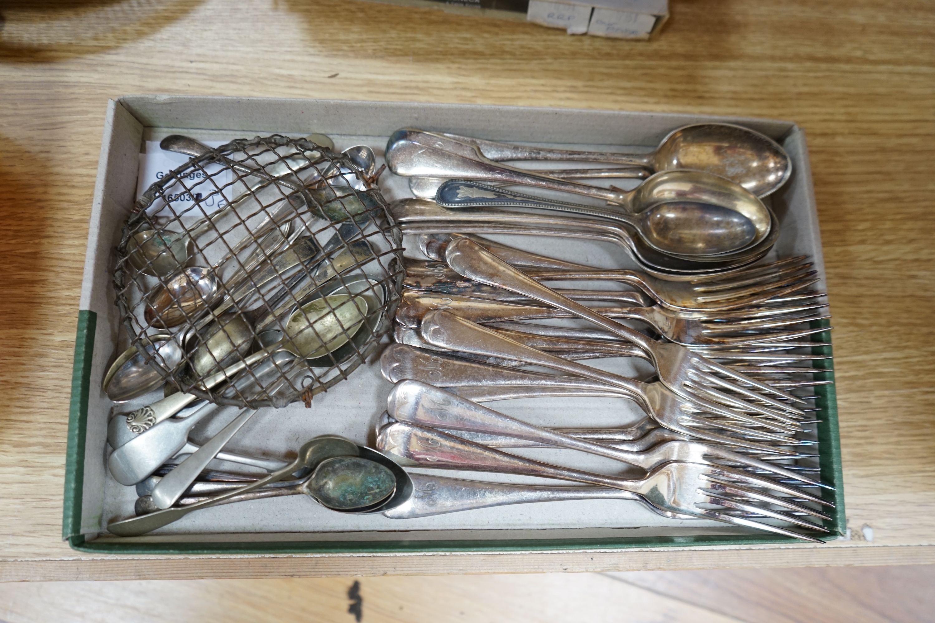 A cased silver mounted and antler handled carving set, plated cutlery, badges, chain, napkin ring etc, carving knife 38cm long. Condition carving set good, the rest variable